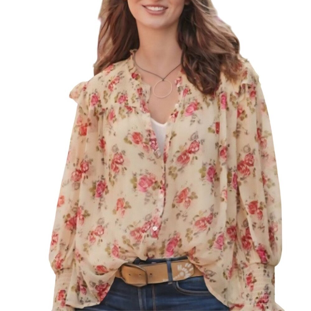 Sundance Amelia Floral Sheer Blouse With Cami Bohemian Ruffled Smocked Size PS - Picture 1 of 10